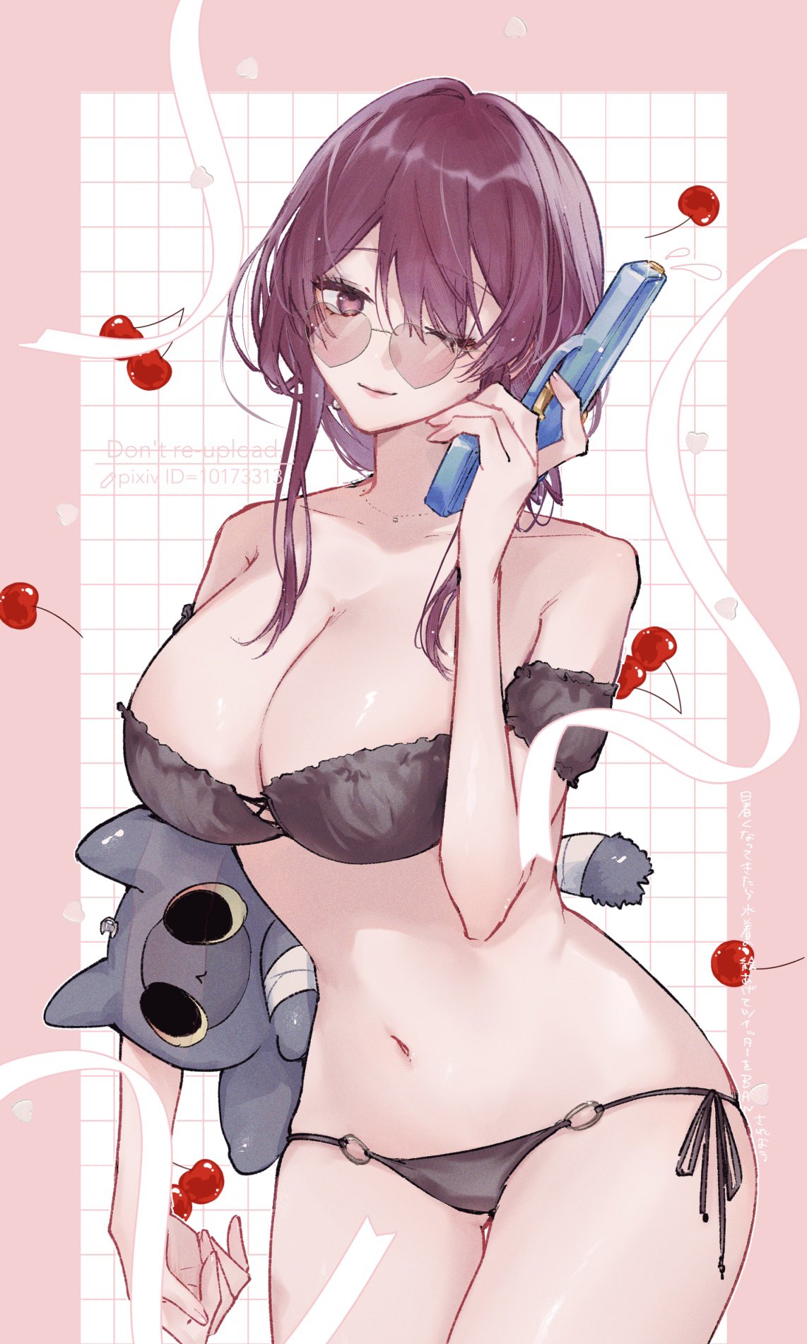 a young woman with long purple hair and glasses wearing a black bra and matching underwear is holding a blue pen. she is surrounded by cherries and white ribbons.