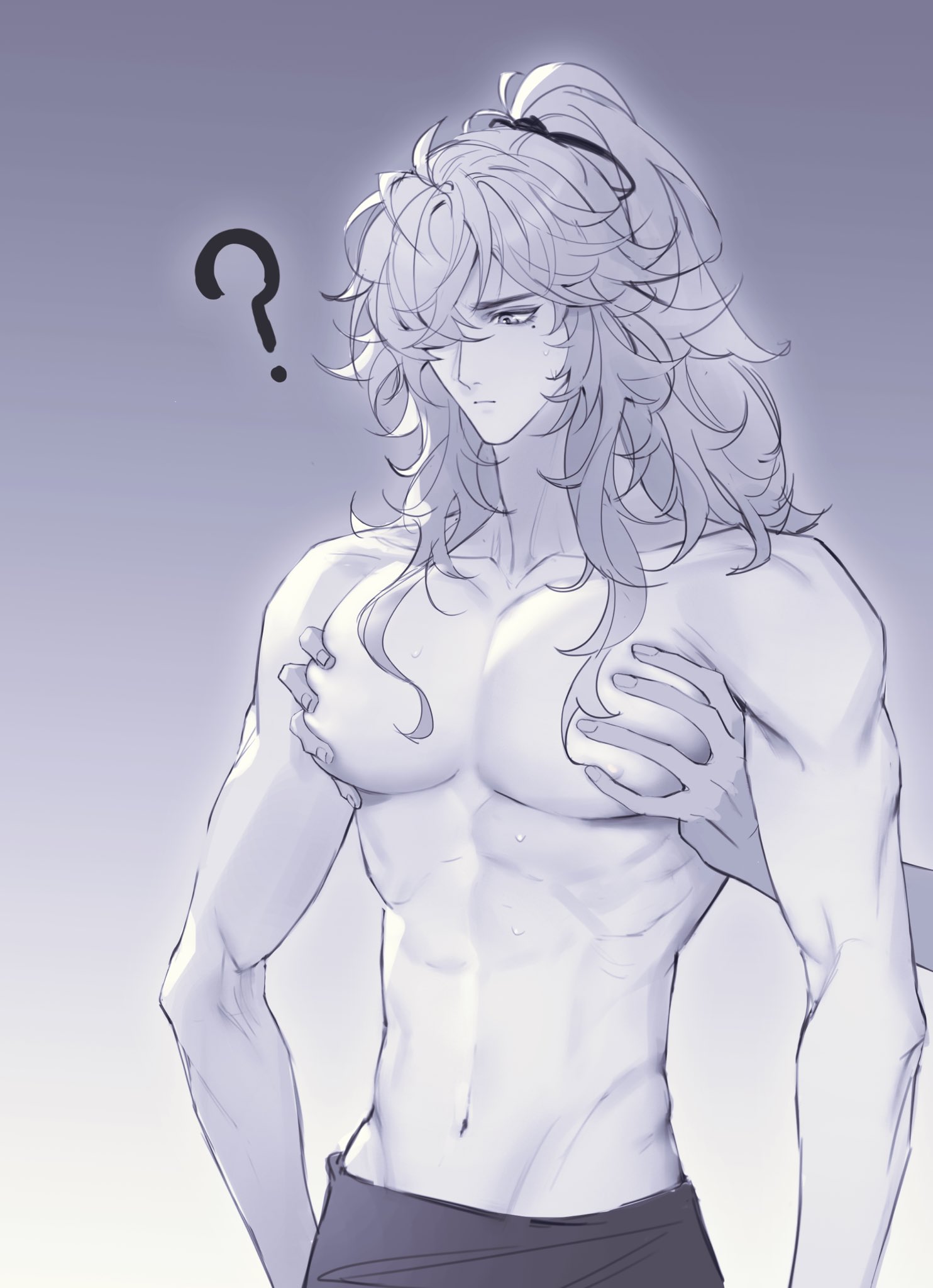 a black and white digital illustration of a shirtless anime character with long white hair tied up in a ponytail. he has a confused expression, his eyes are closed, and a question mark is above his head. he is standing with his arms at his side, and his hands are on his chest. he has a sixpack, prominent pecs and is very muscular. he is wearing black swim trunks.