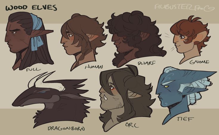 this image depicts a variety of fantasy races in profile view, including wood elves, humans, dwarves, gnomes, dragonborn, orcs, and tieflings. each race has a unique set of physical characteristics and features that distinguish them from one another. the illustration is done in a simple, cartoonish style, with bold lines and bright colors.