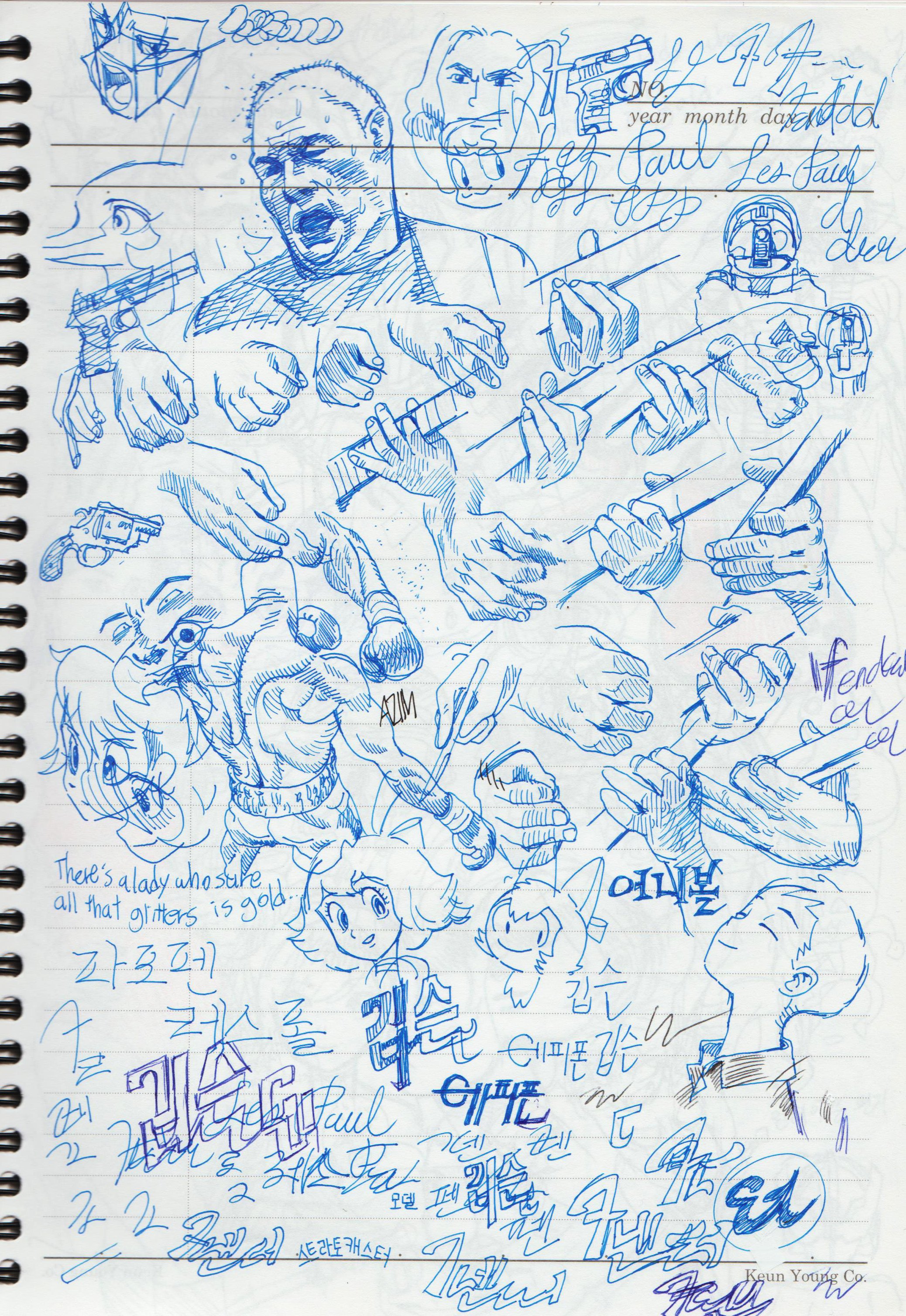 a blue ink sketch of a person playing a guitar, with many other doodles around it. the drawing is on lined paper and includes a variety of characters and objects.