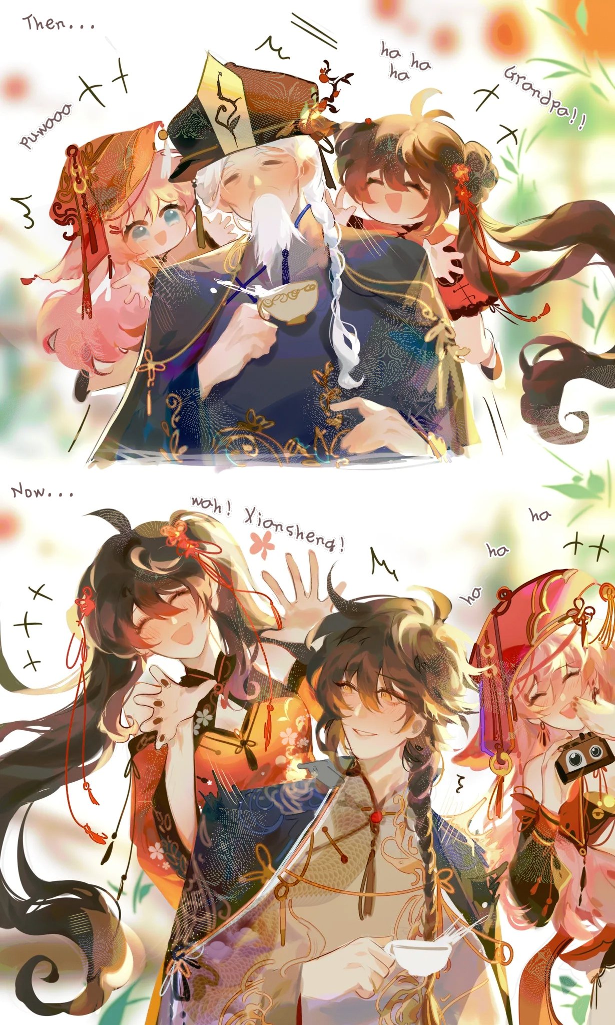 he image is a digital fanart depicting a heartwarming reunion scene, possibly inspired by the game genshin impact. the top panel shows a grandfather figure (resembling the character xiao) surrounded by three younger characters (resembling venti, ganyu, and hu tao), who are affectionately embracing and interacting with him. the bottom panel shows a similar group, but the characters appear older, suggesting a time jump. their clothing styles are predominantly inspired by traditional chinese attire, adding to the cultural context of the artwork. the overall atmosphere is joyful and familial, emphasizing the bond between these characters. the art style is reminiscent of anime and manga, with soft, flowing lines and vibrant colors, conveying a sense of warmth and emotion. the artwork cleverly uses speech bubbles containing playful expressions and exclamations which reinforce the happy and lively mood.