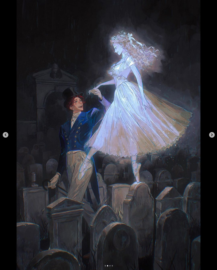 the image depicts a man in a blue suit and top hat dancing with a ghostly woman in a white dress. they are in a cemetery surrounded by tombstones, with a dark, shadowy background. the woman is semitransparent, giving the impression that she is a spirit. the scene is both romantic and haunting, suggesting a love story that has transcended death. the man's determined expression and outstretched hand imply that he is trying to reach the woman, while her ethereal smile and delicate features suggest a sense of peace and acceptance. the image creates a sense of mystery and wonder, inviting the viewer to contemplate the nature of love, loss, and the afterlife.
