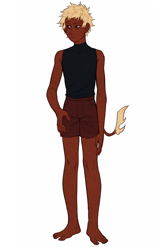 this is a digital sketch of a young adult, male humanoid character with lion features. he's depicted with brown fur/skin, a flaming lion tail, spiky blonde hair, and is dressed in casual clothing including a dark blue turtleneck and red shorts.  he's shown in a standing pose facing forward against a white background. the style of the artwork is line art with flat coloring.