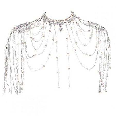a silver body chain that drapes over the shoulders. it features a strand of pearls around the neck area, along with silver chains and diamante detail. additional silver beaded chains drape down the chest and arms.