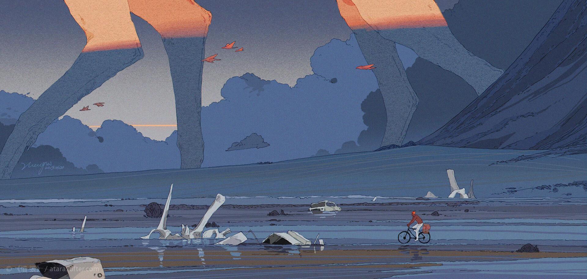 this is a digital artwork depicting a surreal landscape. it features the giant legs of two figures, possibly gods or giants, standing in the distance on a mountain. the sky is filled with clouds and a flock of small flying birds. in the foreground is a beach with shallow water, debris, a car, and a man on a bicycle. the scene is drawn in a  minimalist style with a limited color palette, which creates a dreamlike and melancholic atmosphere.