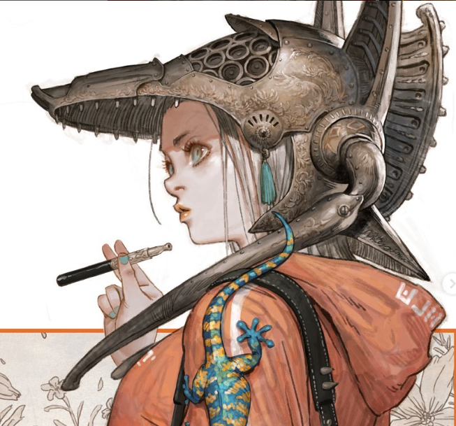 a woman with pale skin, delicate features and white hair, is depicted in profile wearing an intricate, mechanical helmet that resembles a stylized animal skull.  the helmet has a weathered, metallic finish and features elaborate details. she's wearing an orange hoodie and has a small, colorful lizard perched on her shoulder.  she holds a thin, dark object between her fingers, resembling a long cigarette holder.