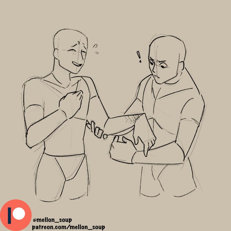 a sketch of two male characters, one laughing and looking away, the other holding the other's hand, and both blushing and looking embarrassed. the sketch is made with light lines and is drawn in a cartoony style.