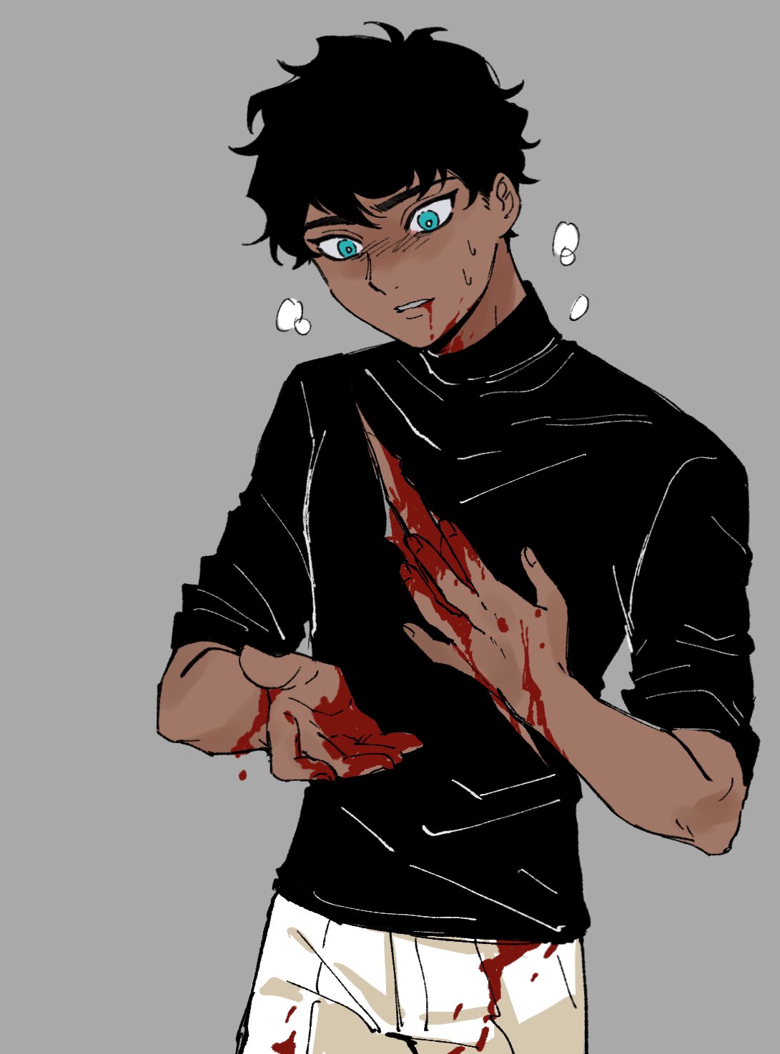 the image is a digital drawing or fanart depicting a young animestyle male character. he has dark, curly hair and bright blue eyes. he is wearing a black turtleneck shirt and lightcolored pants. the character is significantly injured, with blood covering his hands and chest, implying a recent and serious attack or accident. his expression is a mixture of shock, pain, and distress. the art style is slightly rough and sketchy, adding to the dramatic effect of the scene. the background is a simple, plain gray.