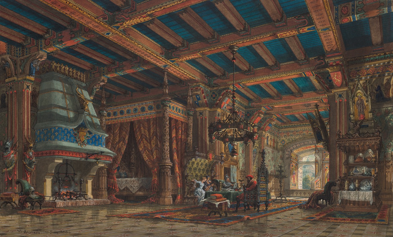 a detailed interior drawing or painting of a castle room. the room is richly decorated with ornate wood carvings, a large fireplace, a table with people gathered around it, a chandelier, and a bed with a canopy. the ceiling is also elaborately decorated. figures are present in the room, and armor is displayed near the fireplace. rugs cover the floor. the style suggests a historical setting.