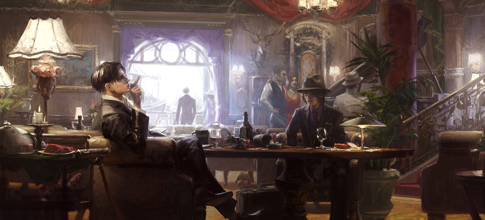the image depicts a luxurious setting, possibly a private gambling room or a lavish lounge, inhabited by figures suggestive of a mafia or gangster theme. two men are prominently featured: one is seated in an armchair, smoking a cigar, and the other is seated at a table wearing a hat and glasses. the table is laden with gambling paraphernalia, including chips, cards, and alcoholic beverages. in the background, there are other figures dressed in formal attire, and a window offers a view of what appears to be a waterfront. the overall atmosphere is one of wealth, power, and intrigue, with the art style evoking a sense of vintage elegance.