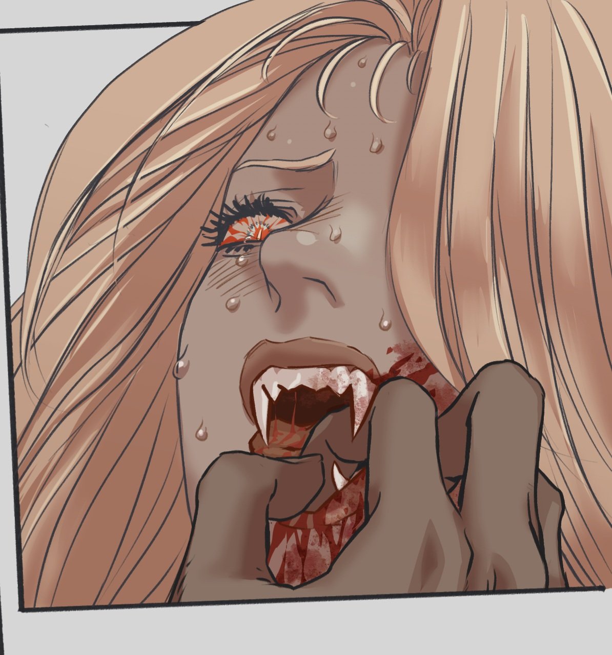 a closeup illustration of a distressed vampire. the vampire has light brown hair and is crying, with large tears streaming down the face. the vampire's eyes are colored with a swirl of orange and red. blood is visible on the fangs and around the mouth, and there is a hand near the mouth that is covered in blood. the overall impression is one of pain and suffering.