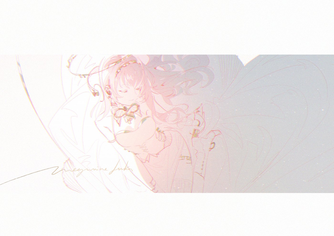the image is a soft, pasteltoned animestyle sketch of a girl with pink hair. she has long, flowing hair, closed eyes with long eyelashes, and is adorned with earrings and a bow. she is wearing what appears to be a frilly top and a suit. the overall style is delicate and somewhat ethereal, with light colors and fine lines creating a dreamy atmosphere. the image also includes a signature in the bottom left corner.