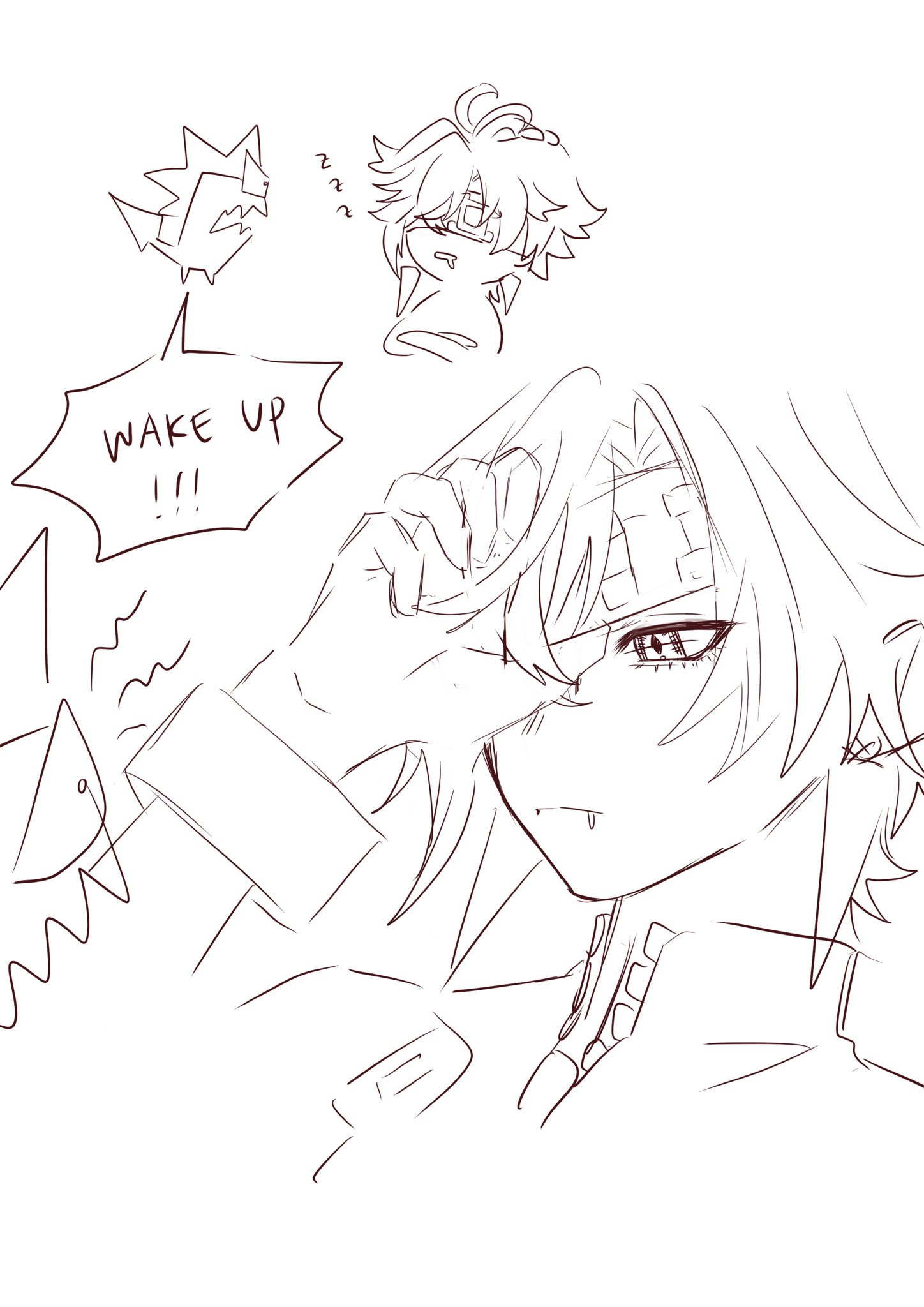 a sketch of an anime girl with long hair and an eyepatch. the girl is covering her face with her hand, and has a sleepy expression. she is wearing a jacket with a zipper. the image is captioned "wake up !!".  there is also a smaller sketch of an anime girl with long hair, wearing a  dress and looking sleepy, beside the larger image.  the image is drawn in black and white.