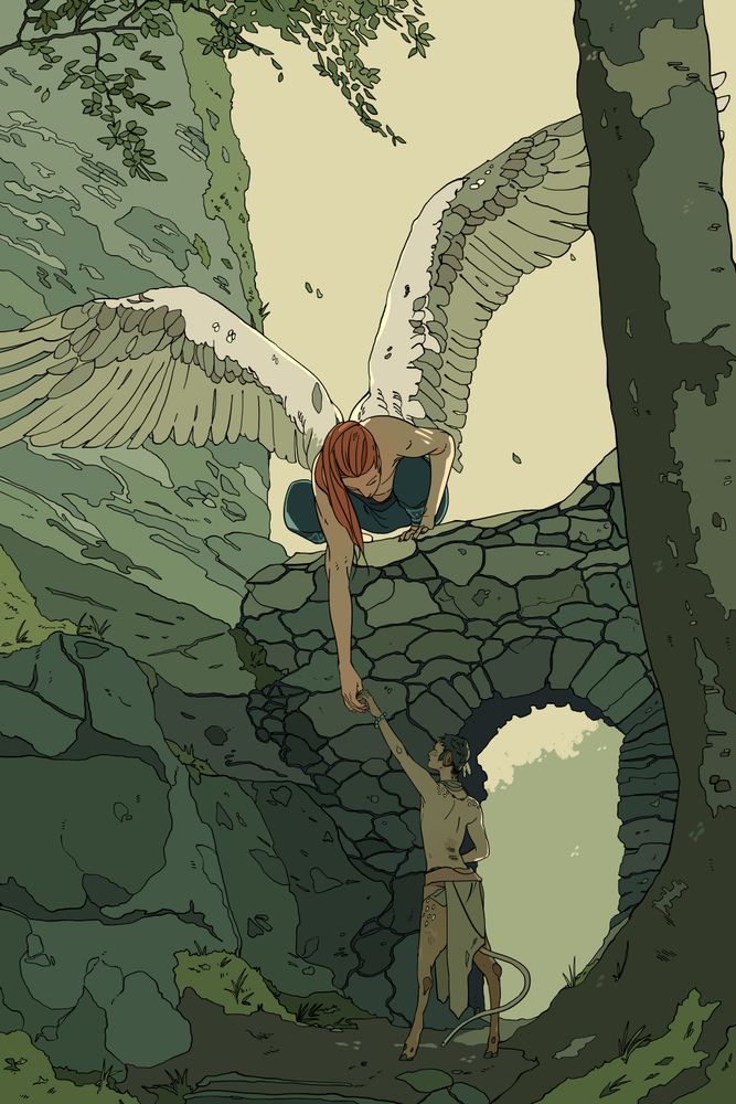 an illustration shows a scene in a forest. a winged humanoid with red hair crouches on a stone structure reaching down to a faun, who has a tail, standing below. the faun is reaching up to grasp the humanoid's hand. behind them is a stone archway leading to a lighter area. the surrounding area is filled with trees and rocky outcroppings.