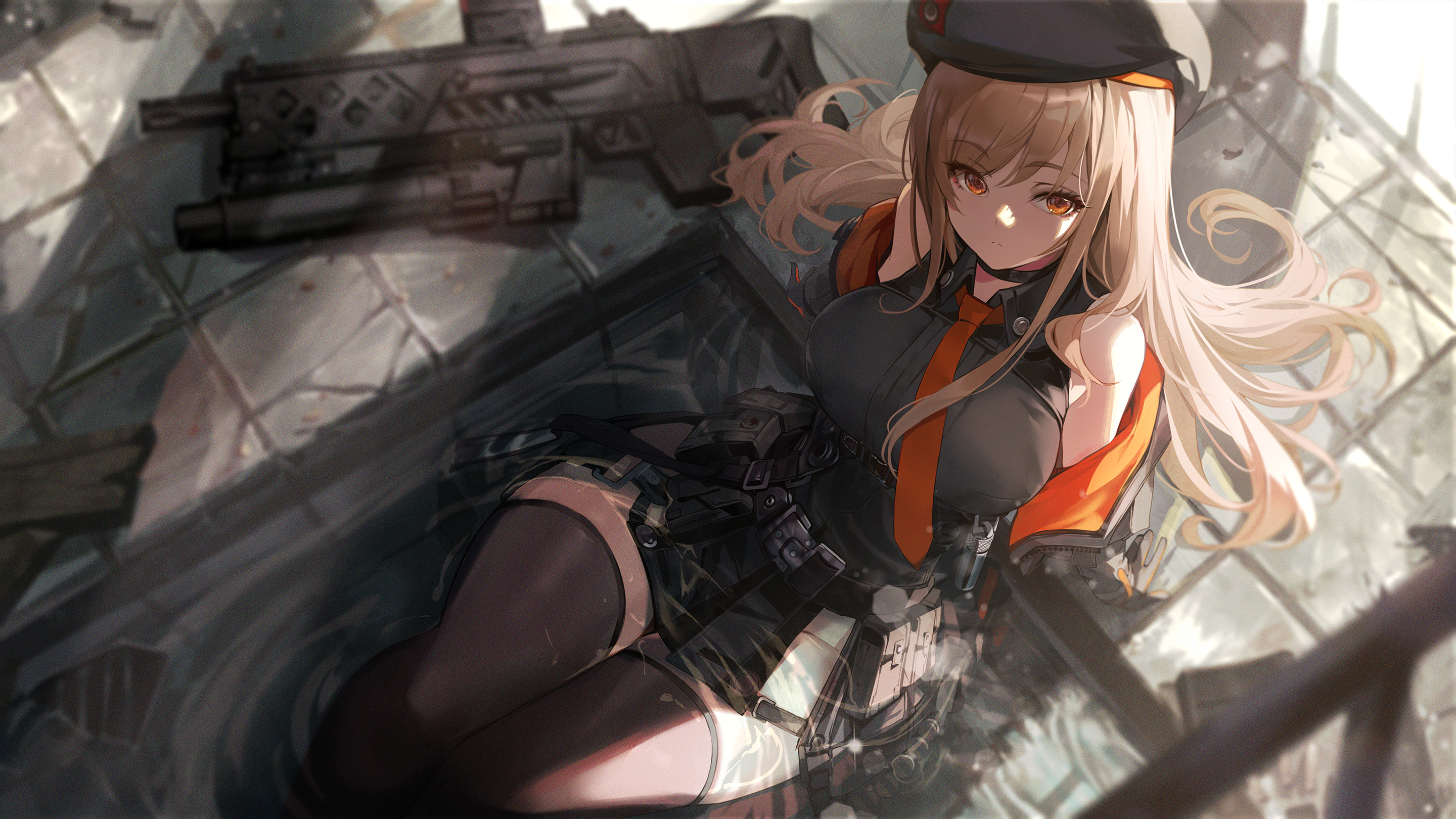 the image is a digital artwork depicting an animestyle female character. she has long, light brown hair and is wearing a militarystyle uniform with black and orange accents. a cap is positioned on her head. she's holding a gun, and her attire suggests military or tactical gear. her expression is serious and intense as she gazes directly at the viewer. the setting appears to be a ruined urban environment, adding to the overall mood of the image. the artwork is highly detailed and well rendered, showcasing skill in digital painting and character design.