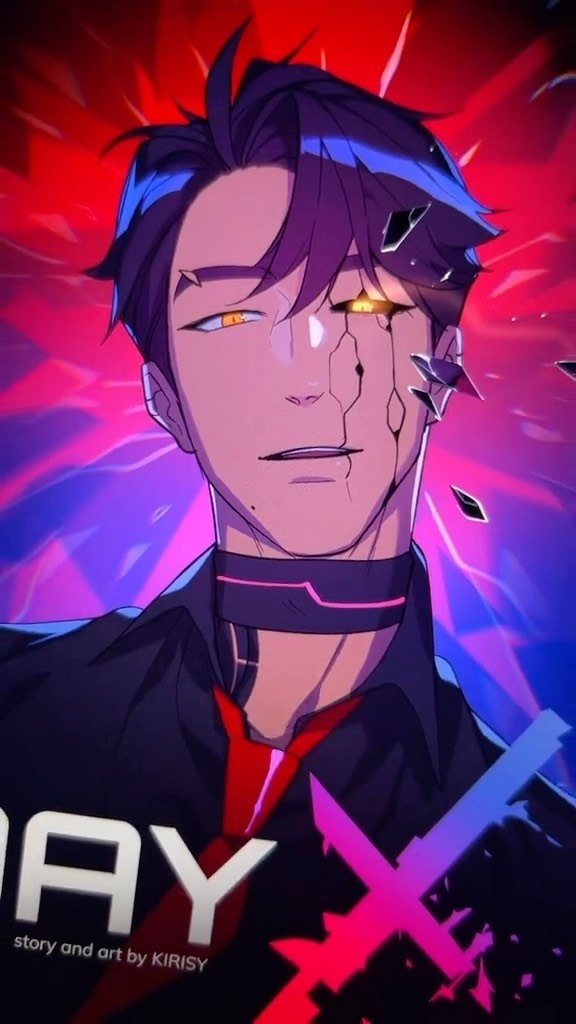 the image is a digital drawing or illustration in an anime/manga style. it features a closeup portrait of a young man with dark purple hair. his face is partially broken, revealing a robotic or cybernetic under layer, with glowing yellow eyes. he’s wearing a dark jacket, a red tielike garment, and a dark chokerlike accessory with neon pink accents. the background is a vibrant blend of reds, purples, and blues, with sharp lines and energetic effects suggesting movement or power.  the word "may" is prominently displayed at the bottom, and "story and art by kirisy" indicates the creator.  the overall aesthetic is cyberpunk or futuristic and quite dramatic.