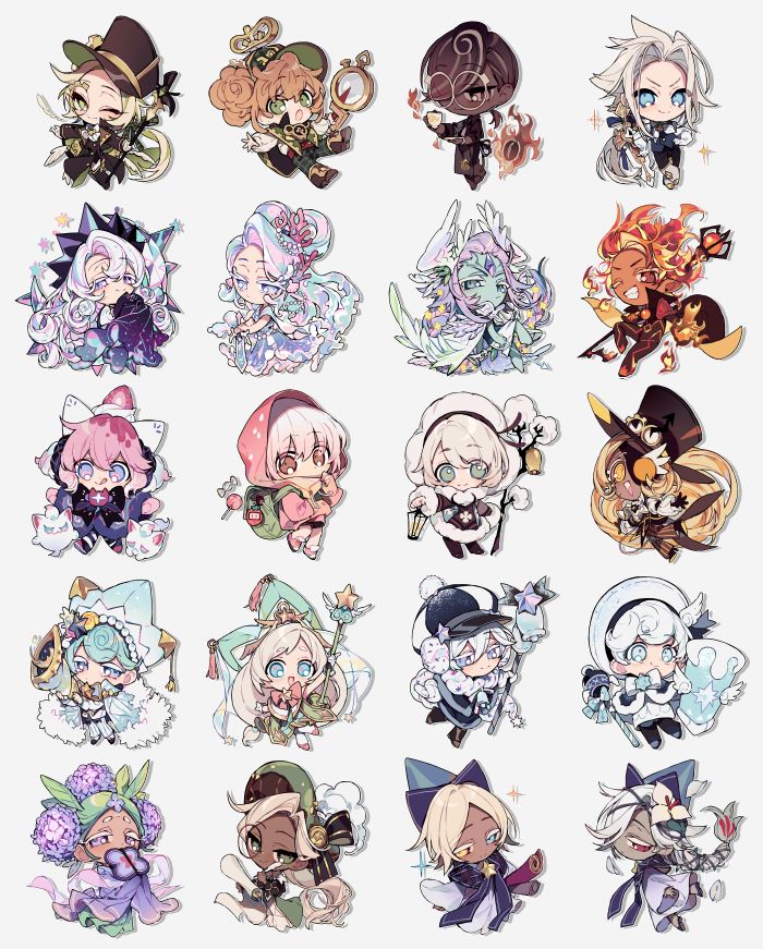 he image contains a collection of 20 chibistyle illustrations.  each illustration depicts a unique character, mostly female, with fantastical elements like flowers, wings, and magical items. the characters are brightly colored and have large expressive eyes, typical of the kawaii aesthetic. they appear to be characters from a game, anime or manga series, given the consistency of style. the characters are posed individually on white background, arranged in a grid pattern, suggesting they are meant for use as stickers or icons.  the overall style is cute and charming, targeting an audience that enjoys fantasy and animeinfluenced art.
