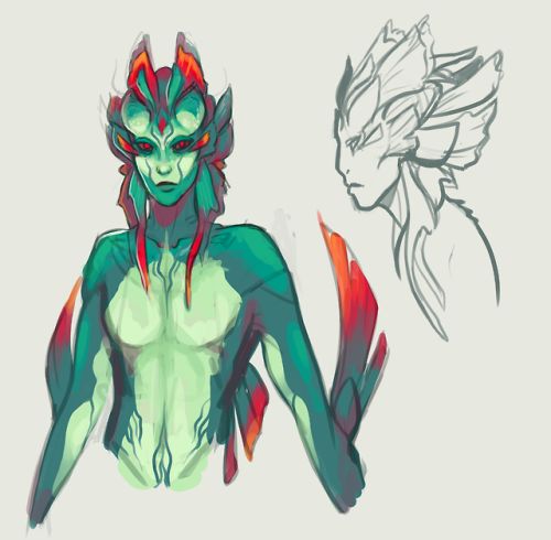 this illustration depicts a fantasy creature. it has the appearance of a humanoid with fishlike features. its skin is a blend of green and blue with red accents. it possesses gills, fins, and scales, hinting at an aquatic origin. the creature has a humanoid torso, arms and hands, and a stylized head with large, expressive eyes. it appears to be in a pose of movement, possibly swimming or gliding through the water.