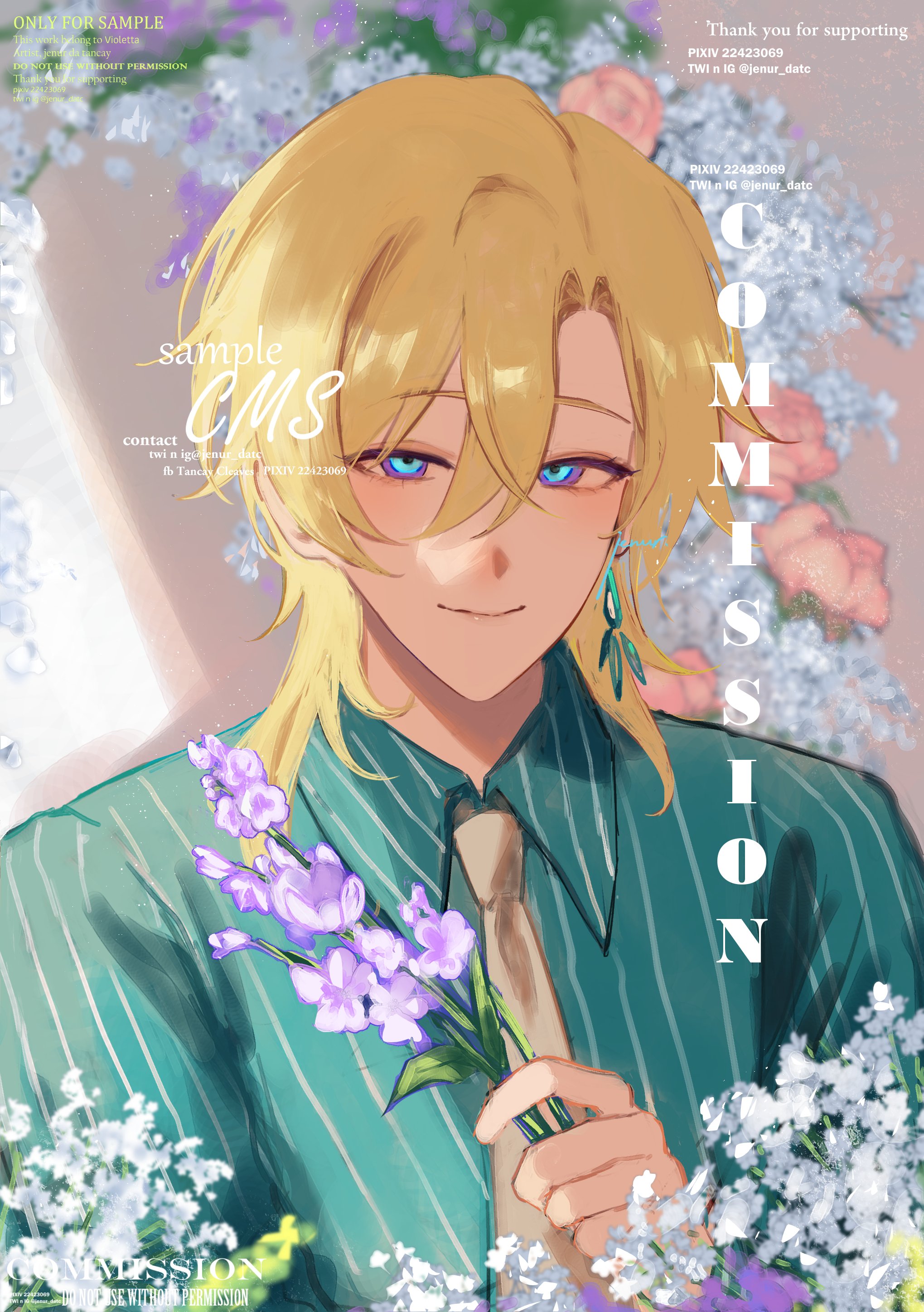this is a digital illustration of an anime character with blond hair and blue eyes, wearing a green striped shirt, a white shirt and a tie.  the character is holding a bouquet of purple flowers, with a background of white flowers. the image is labelled with a commission watermark and contact details.