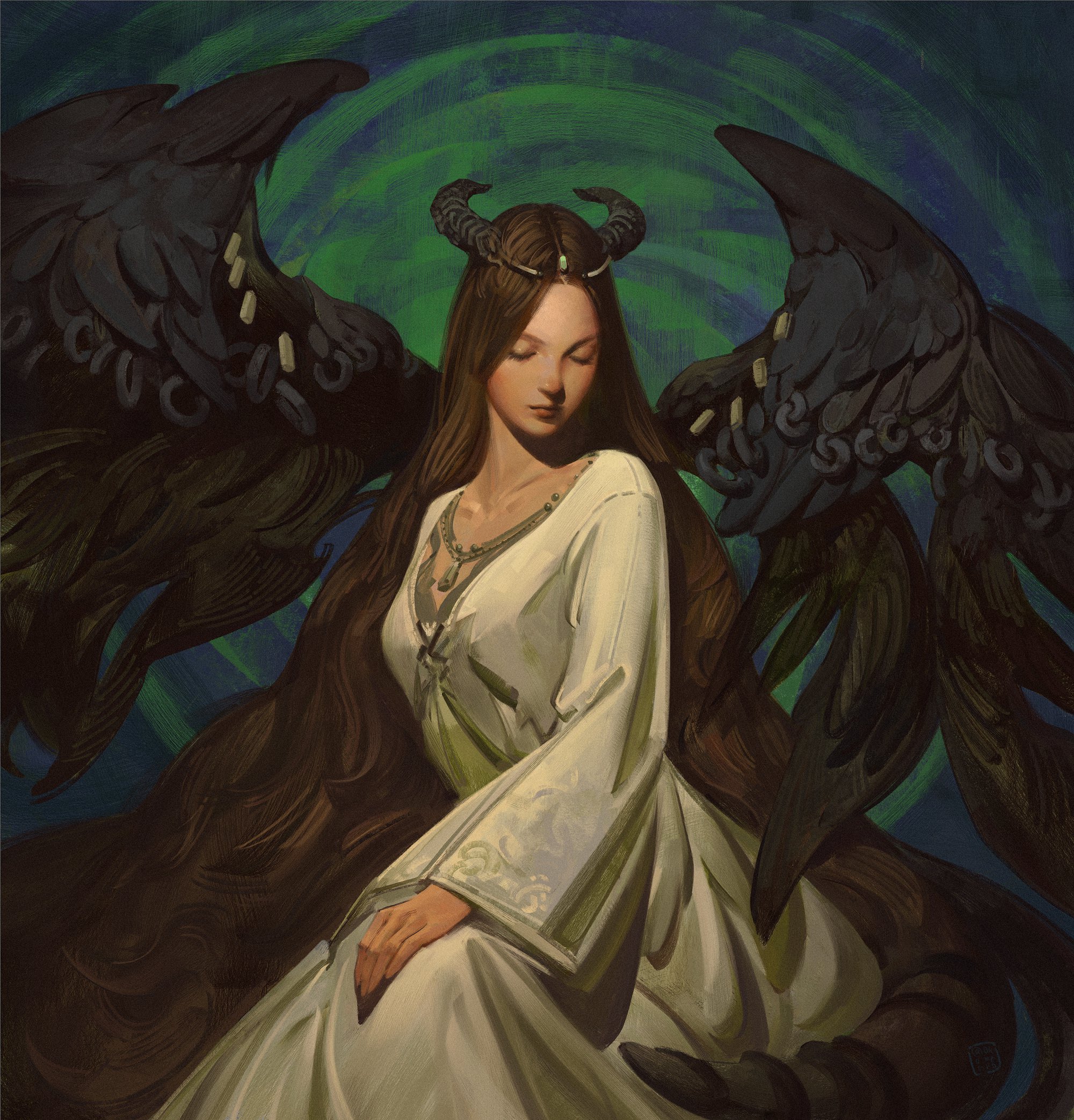 the image is a digital painting of a woman with dark, intricately detailed wings. she has long brown hair, and wears a white dress with what appears to be a necklace and other jewelry. the overall tone is mystical and ethereal, the woman's expression is serene and contemplative. her dark wings are suggestive of a demonic or fallen angel, creating a contrast with her otherwise angelic appearance. the background is a swirling pattern of dark green and blue tones. the style is reminiscent of fantasy art and illustration.