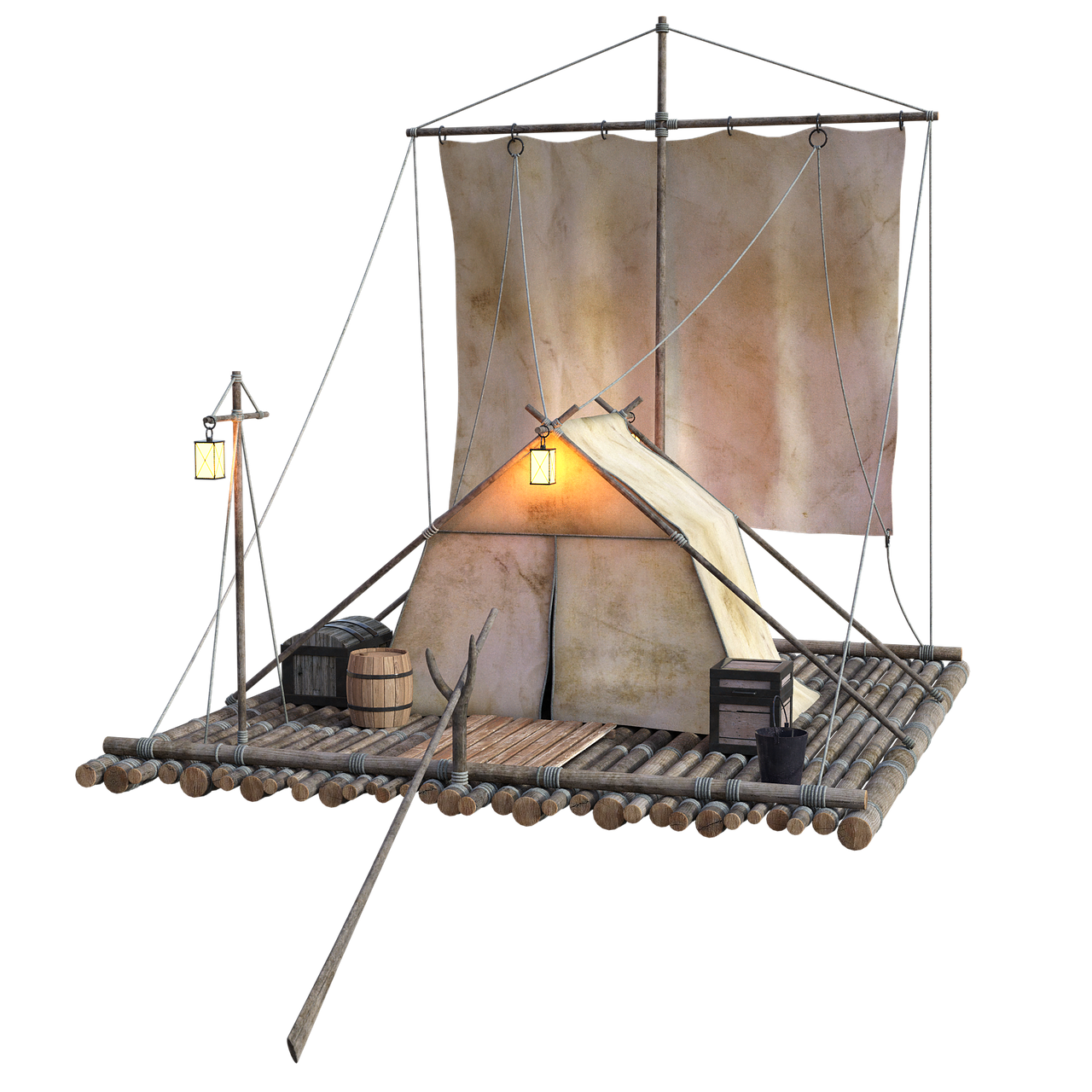 a 3d rendered image features a raft with a tent and sail. the raft is constructed from wooden logs tied together. a tent is erected on the raft, with a lit lantern hanging at its entrance. a sail is supported by a wooden frame. additional items on the raft include a barrel, a chest, a bucket, and a wooden oar. a lantern is mounted on a pole extending from the raft. the background is black.