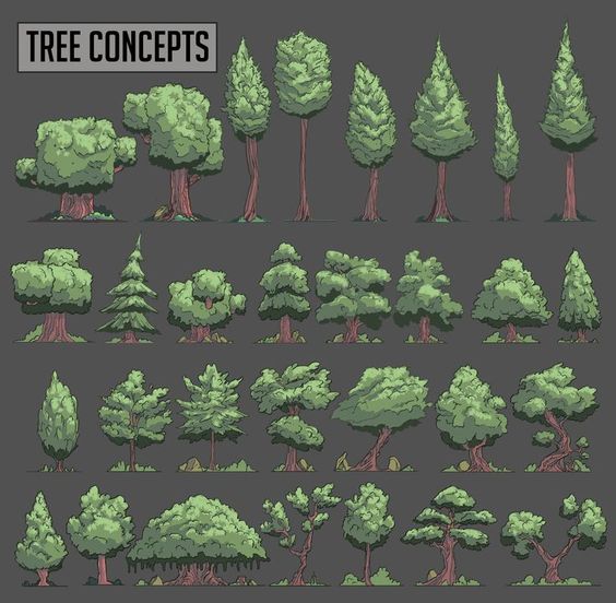 the image shows a collection of stylized tree illustrations labeled as "tree concepts". these illustrations depict various tree types and shapes, showcasing different styles and sizes suitable for use as design elements or game assets. the trees are presented against a dark gray background with a flat, side view perspective, devoid of any specific lighting effects.