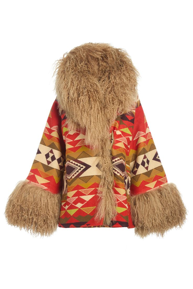 a red, yellow, and green patterned coat with a brown fur collar and cuffs. the coat is styled with a relaxed fit, with the fur collar and cuffs creating a contrast against the bright colors of the pattern. the design of the pattern is intricate and geometric.