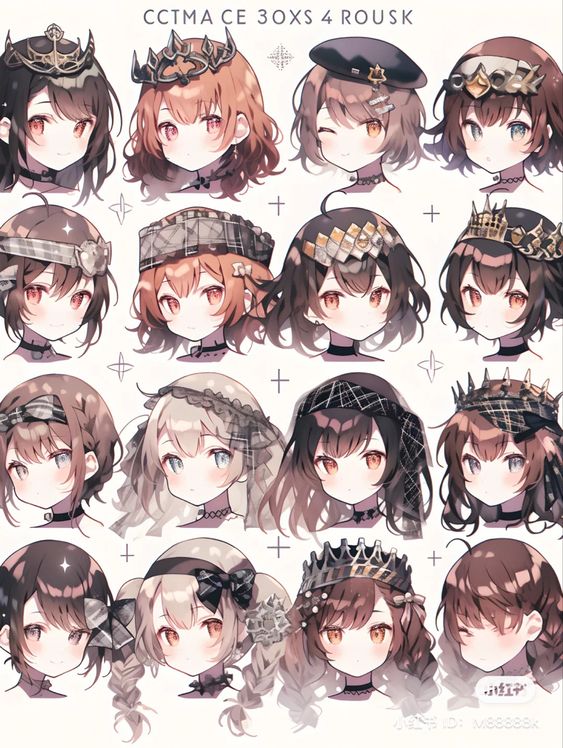 a grid of sixteen anime girl portraits, showcasing a variety of hairstyles and headwear options, including crowns, berets, and headbands. the girls have brown hair in different styles and wear black chokers.