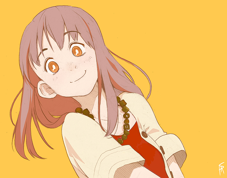 the image shows a stylized drawing of a young woman with a cheerful expression. she has pink hair, large orange eyes, and a gentle smile. the woman is wearing a white top and a red undershirt. she is also wearing a necklace with dark beads. the background is a solid yellow color. the overall style of the image is reminiscent of japanese animation and manga. the image conveys a sense of warmth, happiness, and innocence.