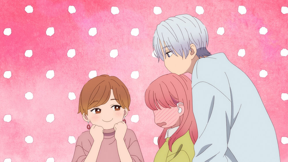 the image showcases a heartwarming scene with a pink polkadot background, featuring three anime characters. a girl with short brown hair is on the left side, looking infatuated with a boy with white hair and a white shirt, who is standing very close to a girl with pink hair.  the pinkhaired girl is blushing, suggesting a romantic undertone. the characters are drawn in a typical anime style with large eyes and soft features.  the image evokes a sense of innocent love and youthful charm.