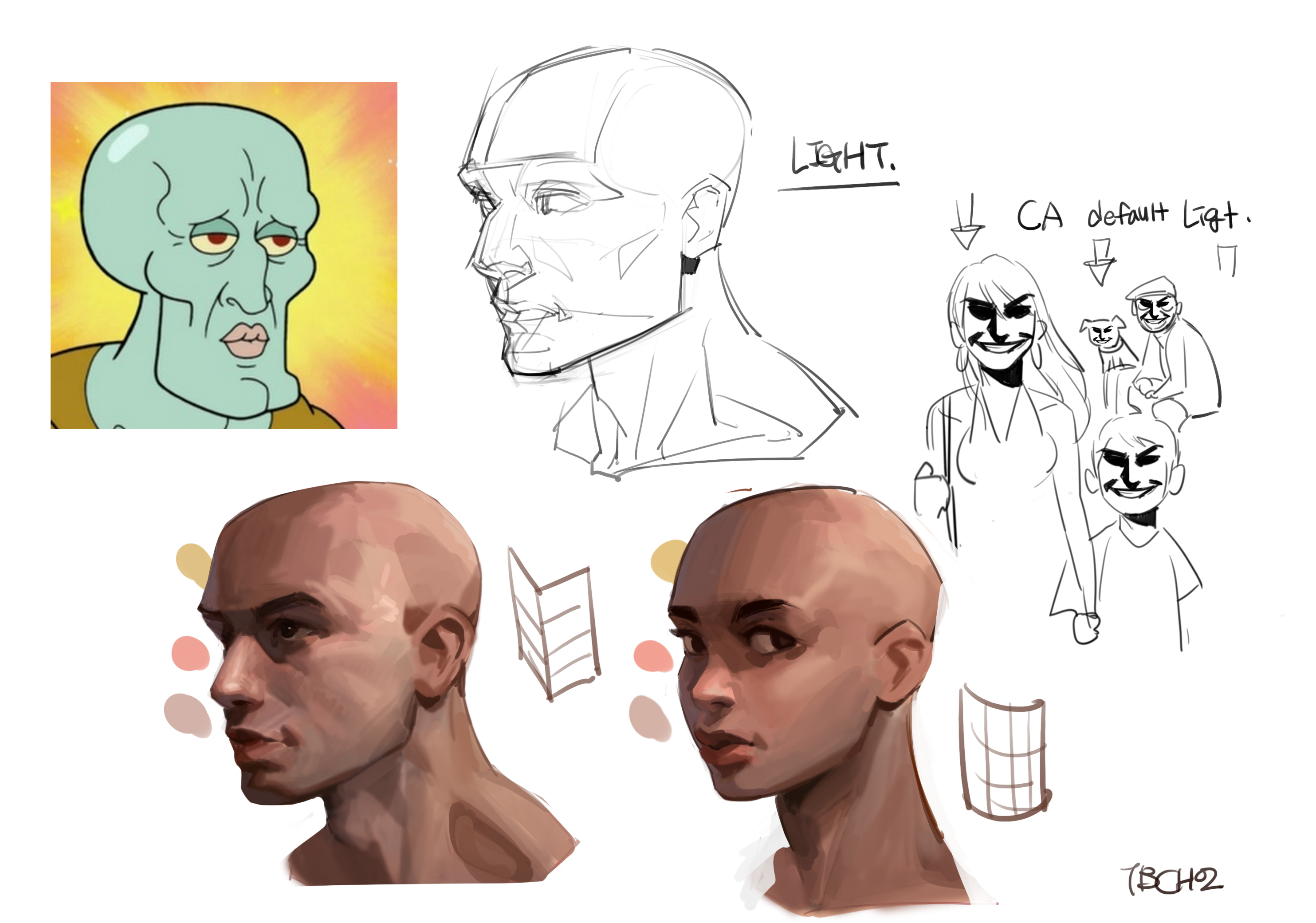 he image is a collection of sketches and paintings, showcasing a variety of artistic styles and subjects.  it includes a stylized cartoon rendering of squidward tentacles from spongebob squarepants,  several studies of human heads in different styles and stages of completion – some are detailed painted portraits, while others are simple line drawings focusing on anatomical structure and lighting. there are also some character sketches, appearing less developed and more expressive, seemingly depicting a family group. the overall style ranges from the clean lines of the cartoon character to looser, more expressive line work and painterly approaches in the portrait studies. the artist includes notes on lighting and value, indicating a focus on learning and exploration of these artistic elements.  the presence of a gridlike form suggests exploration of perspective and proportion.