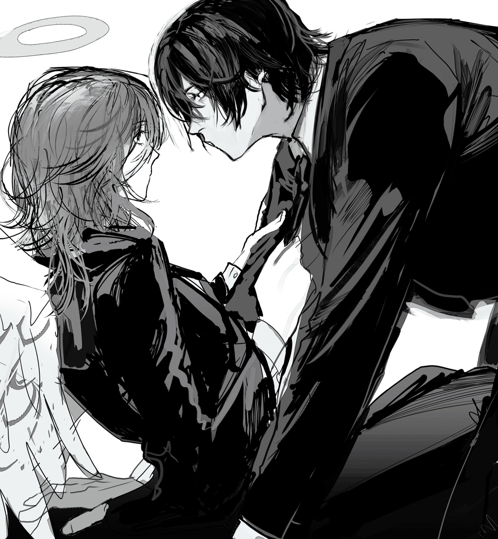 the image shows a black and white illustration of a romantic couple in an embrace. the woman has angel wings and a halo, while the man