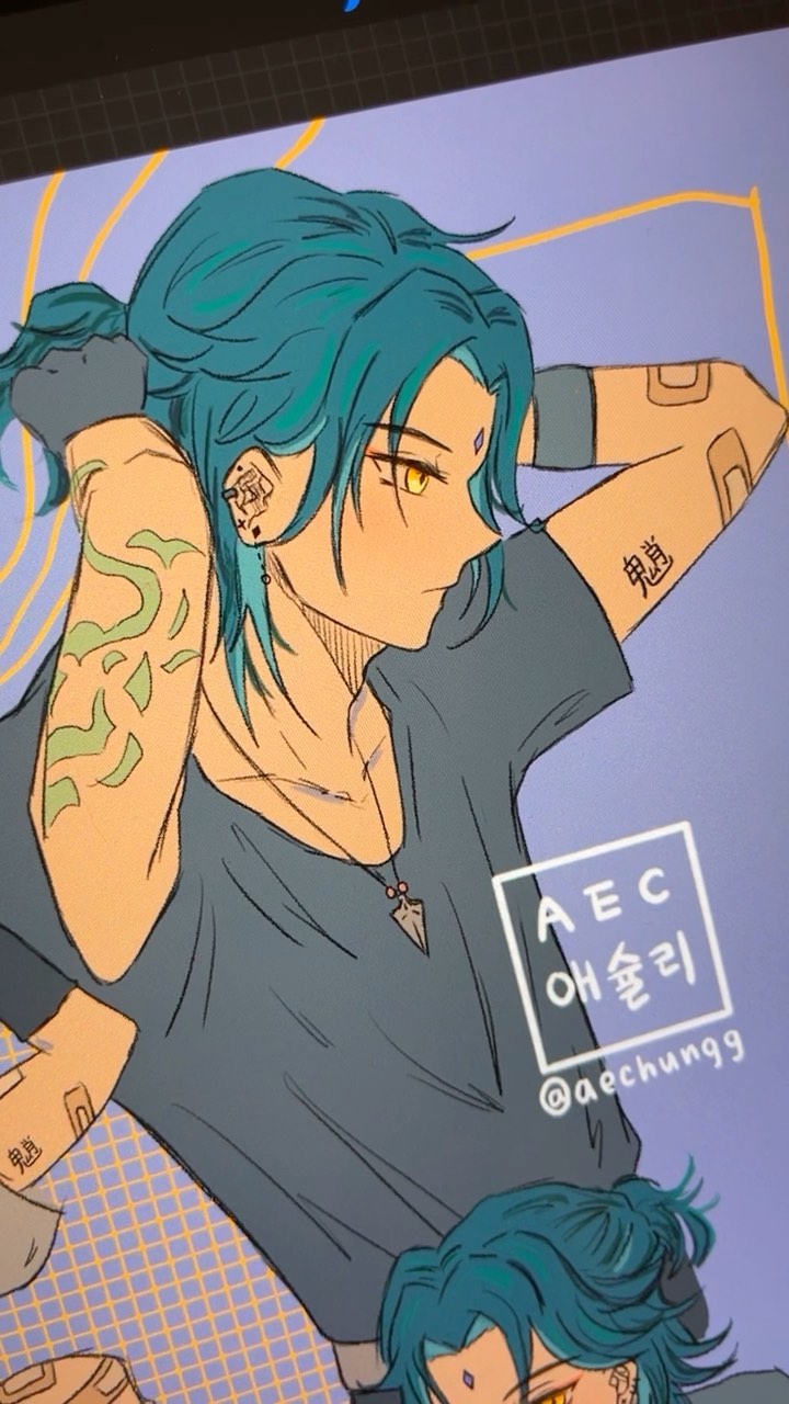 the image is a digital drawing of a stylized male anime character. he has teal hair tied back in a halfupdo, golden eyes, and several tattoos on his arms. he wears a simple dark grey tshirt and a necklace with a small pendant. his expression is serious and slightly pensive. the art style is clean and modern, with flat colors and minimal shading. the background is a muted purpleblue with some gold lines. the artist's signature, "@aechung99", is visible in the bottom right corner along with the artist's name in korean and english. a small portion of another character with similar teal hair is visible at the bottom. the overall mood of the image is calm yet intriguing.
