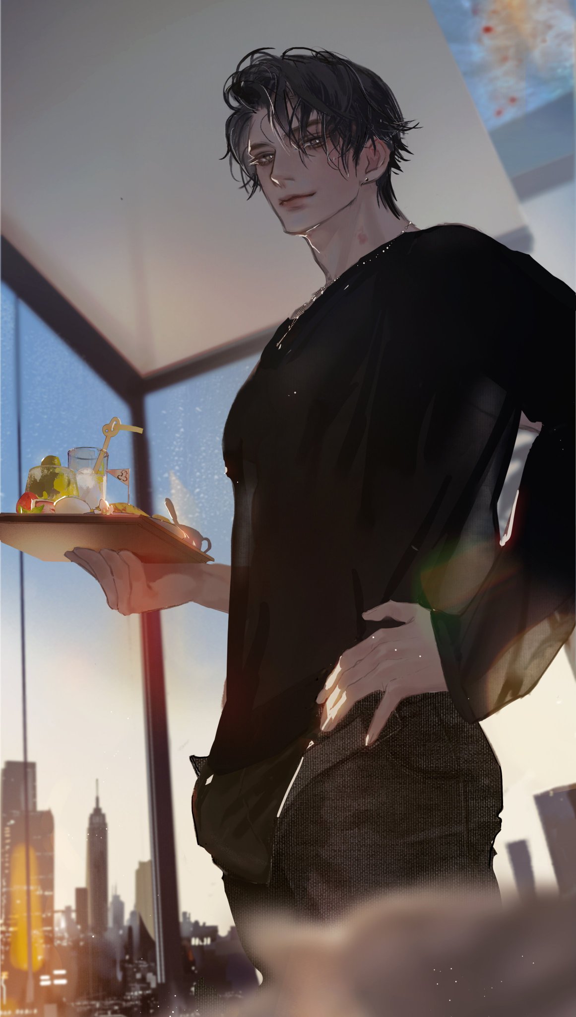 a man with dark hair is standing near a window and holding a plate of food. he is wearing a black shirt and black pants. there are buildings in the background. the image is in an anime style.