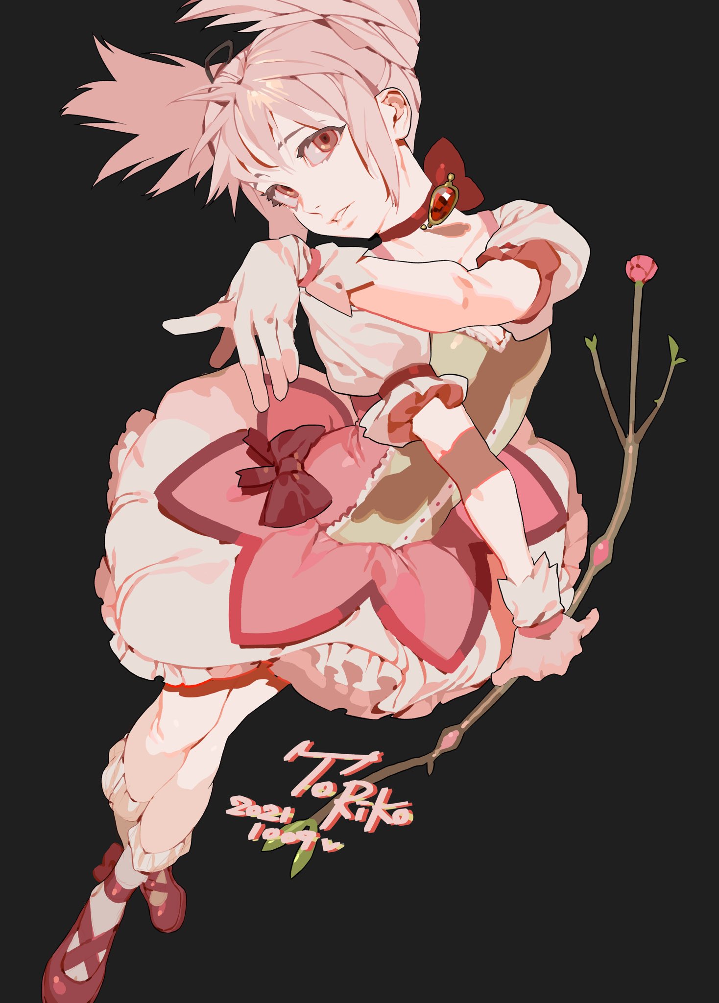 a fullbody digital illustration of madoka kaname from the anime series puella magi madoka magica, depicted as a ballerina. she has pink hair styled in buns and is wearing a pink, frilly dress with a flowershaped skirt. she is also wearing pink ballerina shoes. her right hand is raised with her fingers spread, and her left hand is holding a wand with a rose on top. a signature is visible near her legs. the background is a solid black.