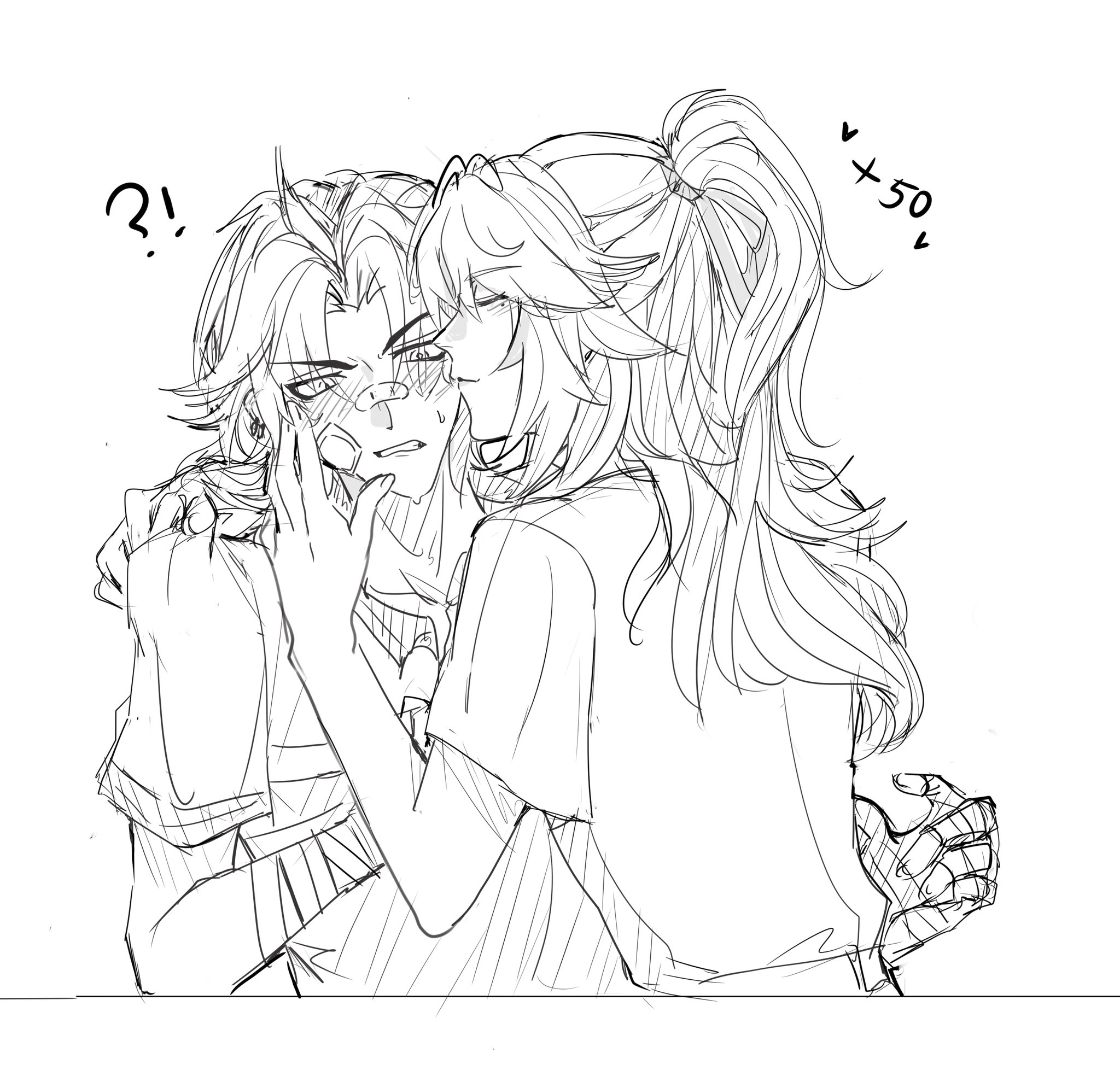 a black and white anime sketch of a couple hugging and blushing. the girl is on the left and the boy is on the right. she is kissing him on the cheek and holding his face, he is blushing and looking at her with a surprised expression. there are two hearts and "+50" written above the girl's head. there is a question mark with exclamation point next to the boy's head.