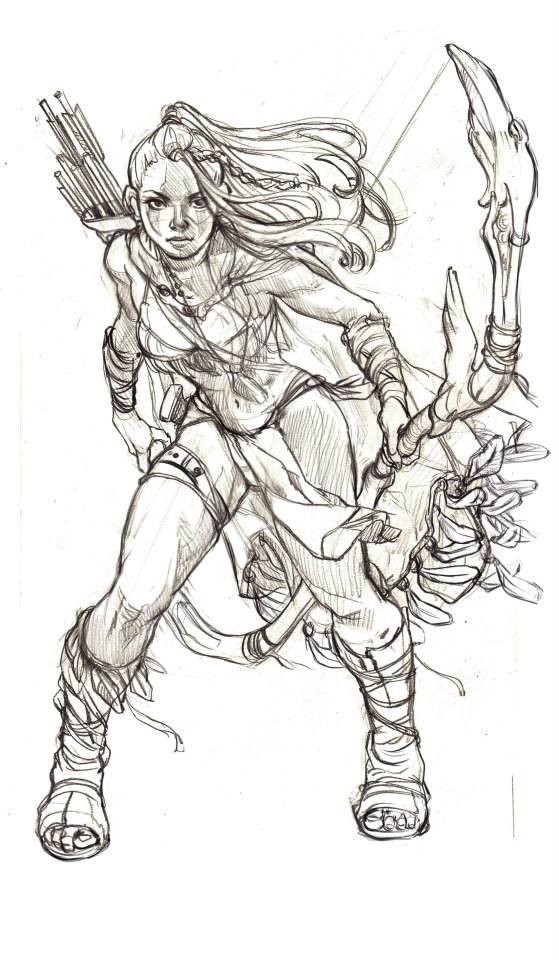 a dynamic pencil sketch of a female elf archer.  she is depicted in a powerful, actionoriented pose, holding a large, intricately designed bow and arrow. her clothing is detailed, showing leather straps and boots, and her long hair flows behind her. the style is reminiscent of fantasy illustration or concept art for a video game or book. the drawing shows strong lines and shading, creating a sense of depth and movement.