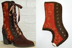 a pair of red and brown fabric boot covers with a floral pattern, designed to be worn over boots. the covers lace up the front and have a row of grommets along the side.