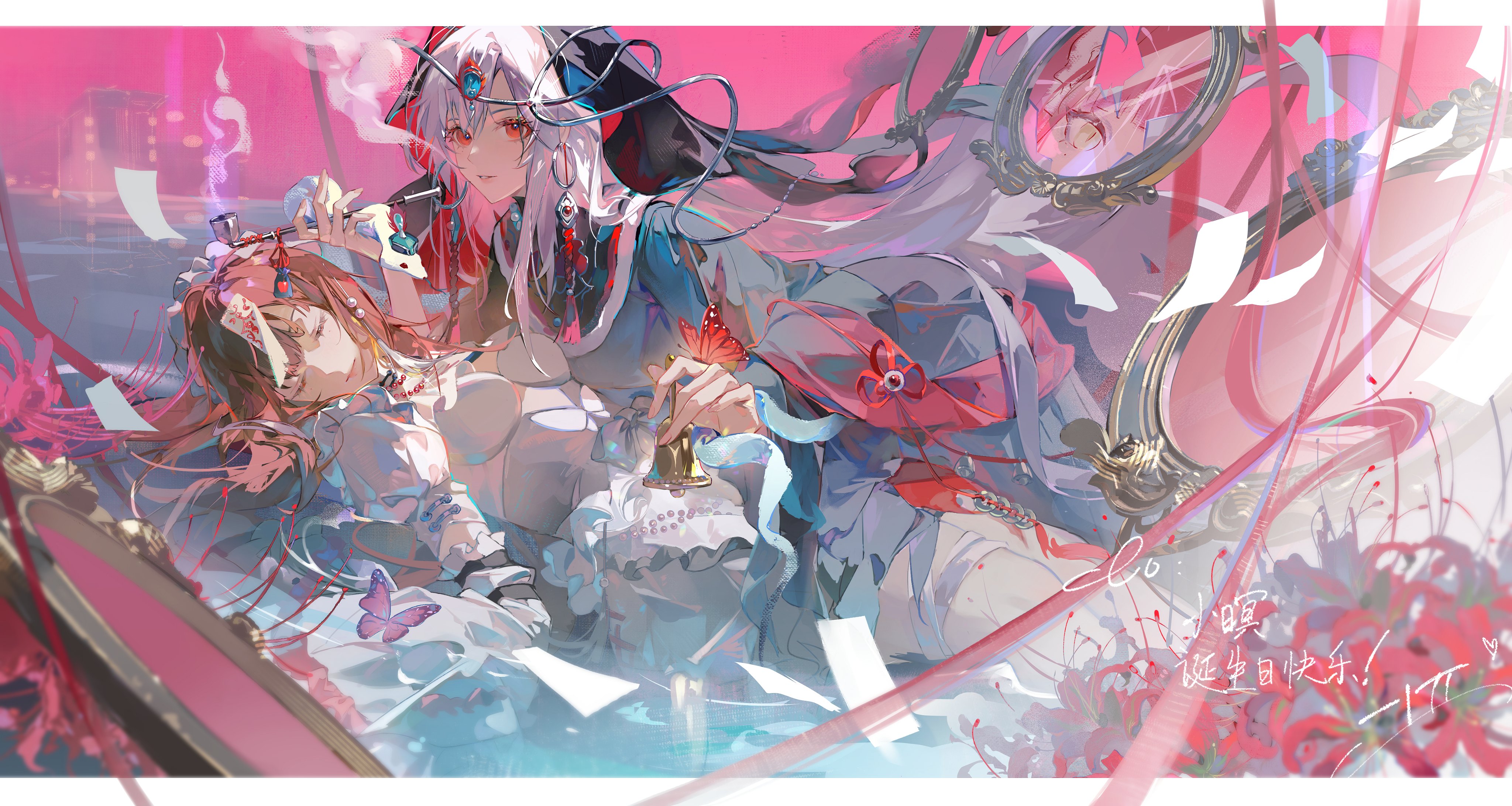 the artwork showcases two women in an ethereal setting. one woman, with flowing white hair and striking red eyes, holds a bell and gazes directly out of the image. she's adorned in a flowing blue and white garment, draped over a white dress. the second woman, with long brown hair, lies seemingly unconscious, her head resting on a pile of paper. she's dressed in a delicate white dress with intricate lace details.