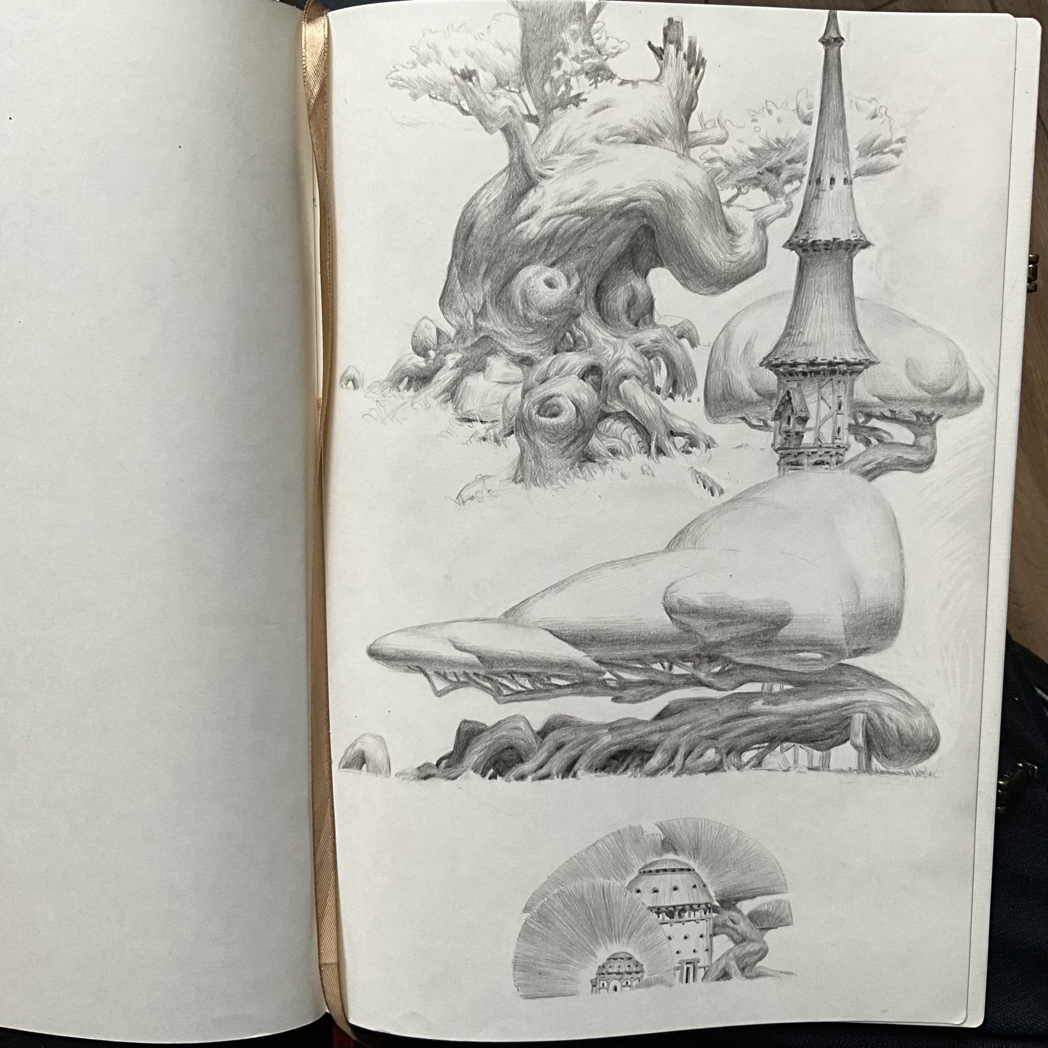 the image showcases detailed pencil sketches of whimsical treehouse concepts in a sketchbook.  the top sketch features a gnarled, ancient tree with a multitiered tower nestled amongst its branches.  below it, a large, mushroomshaped tree provides the base for another dwelling, with a cutaway view revealing its interior. the drawings evoke a sense of peaceful coexistence between nature and architecture.