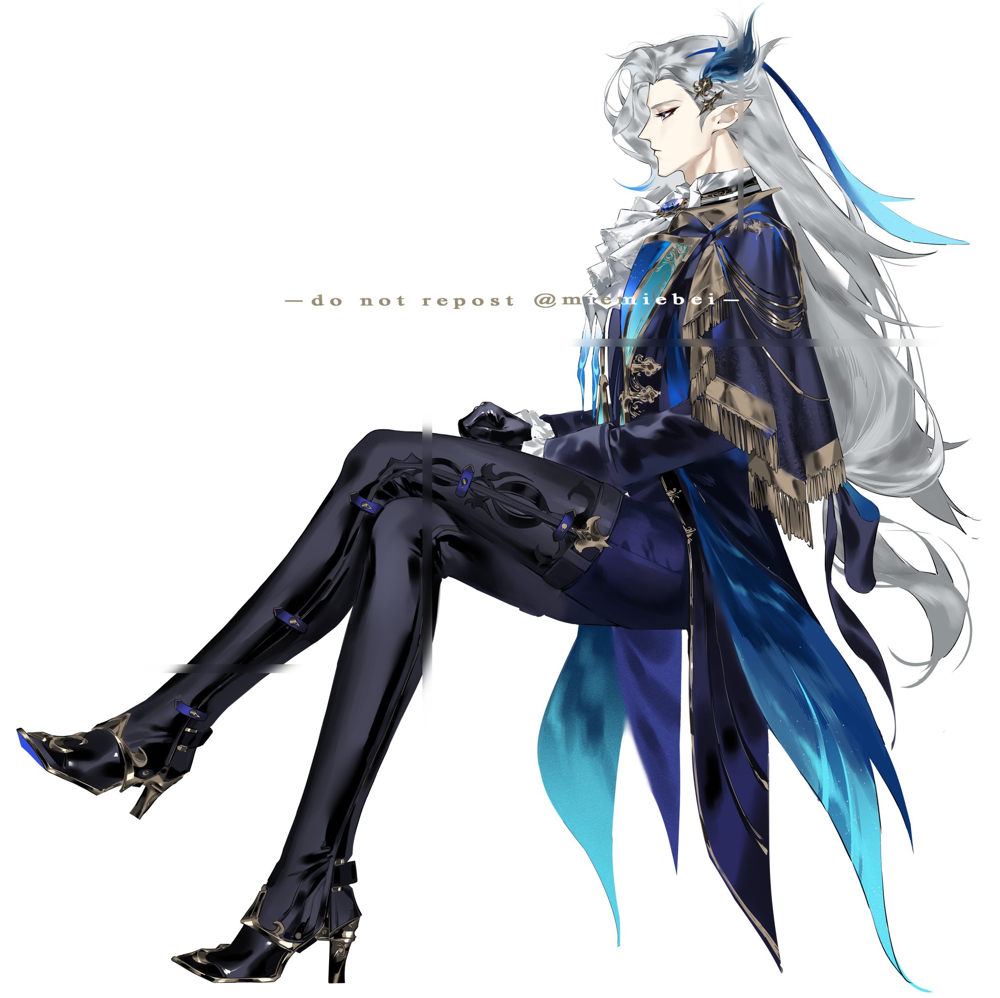 this is a digital art illustration of an anime boy with long, white hair that is streaked with blue. he is wearing a black and gold suit with a blue cape. he is sitting on a white background and his pose is very elegant.