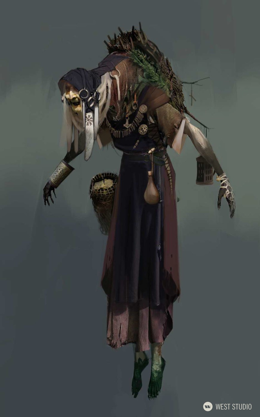 a digital illustration of a witch or hag creature with pale green skin and tattered clothing. she wears a long, dark dress and a hood. a variety of pouches, bottles, and bundles hang from her belt.  she carries a basket, a lantern, and a glass bottle.  she appears to be floating above the ground.