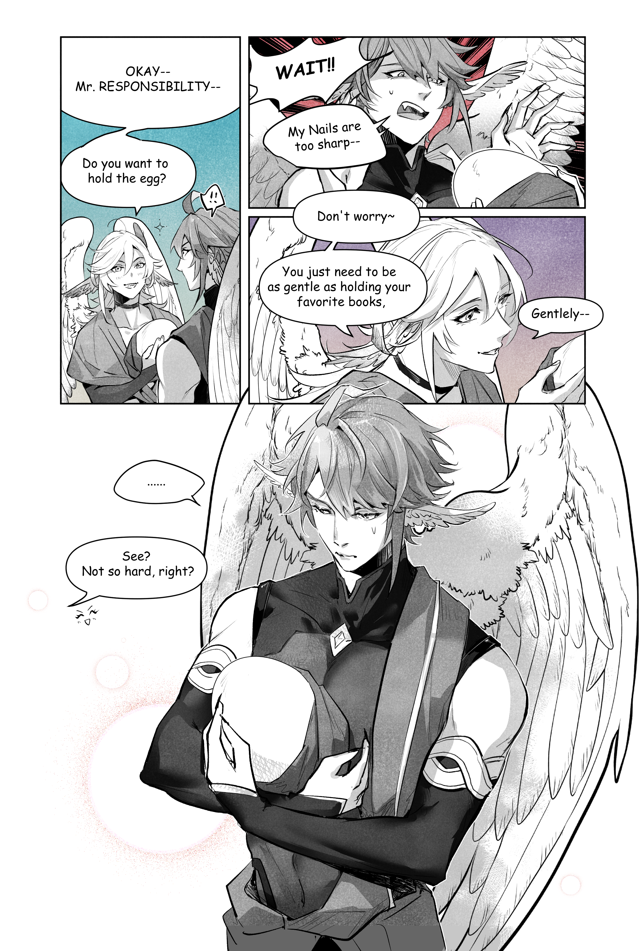 this is a comic strip showing an angel gently holding a white egg, with a caption saying "see? not so hard, right?". the angel looks to be talking to another person who appears to be holding the egg before. the background of the strip is white. the angel is drawn with large, feathery wings. the image depicts a sweet and loving moment between two people.