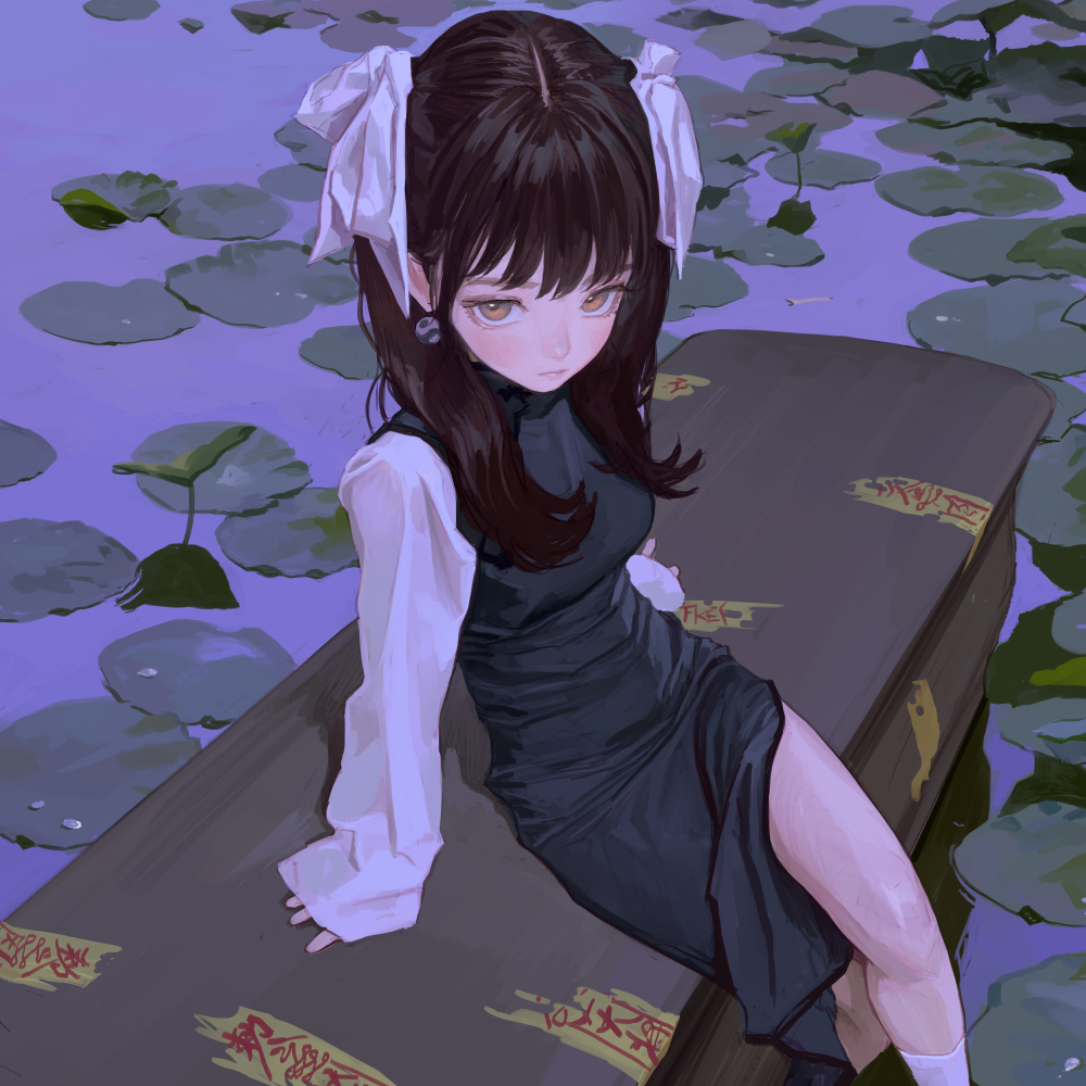 an anime illustration shows a girl with bangs and brown hair styled with white ribbons. she wears a cheongsam with white sleeves and white socks. she is sitting on a platform surrounded by lily pads and water.