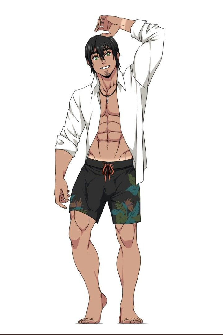 a young, muscular man stands confidently with a relaxed smile, wearing a white shirt open to reveal his toned chest and abs, and floral swim trunks. his tanned skin and brown hair suggest he's spent time outdoors, perhaps at the beach. he embodies a confident and carefree attitude, perfect for a summer vacation.