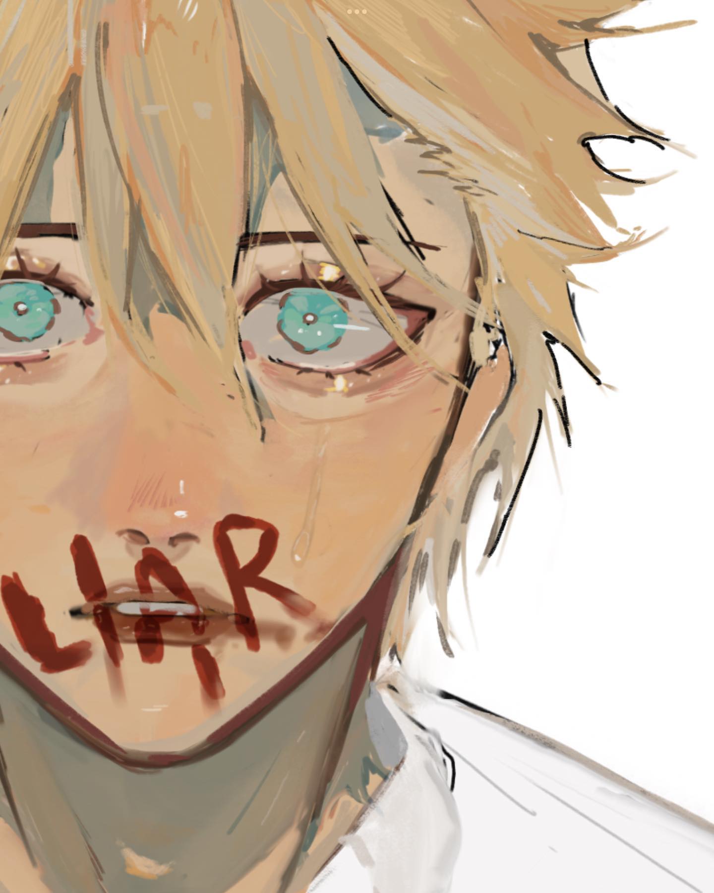 the image is a digital painting or drawing, likely fanart, depicting a young male character with blond hair and striking blue eyes.  he appears to be in distress, with tears streaming down his face.  the word "liar" is smeared in red across his mouth. the art style is loose and painterly, with visible brushstrokes creating a sense of emotion and texture. the overall mood is one of sadness, pain, and possibly accusation or selfaccusation. the character's expression is deeply melancholic and vulnerable.