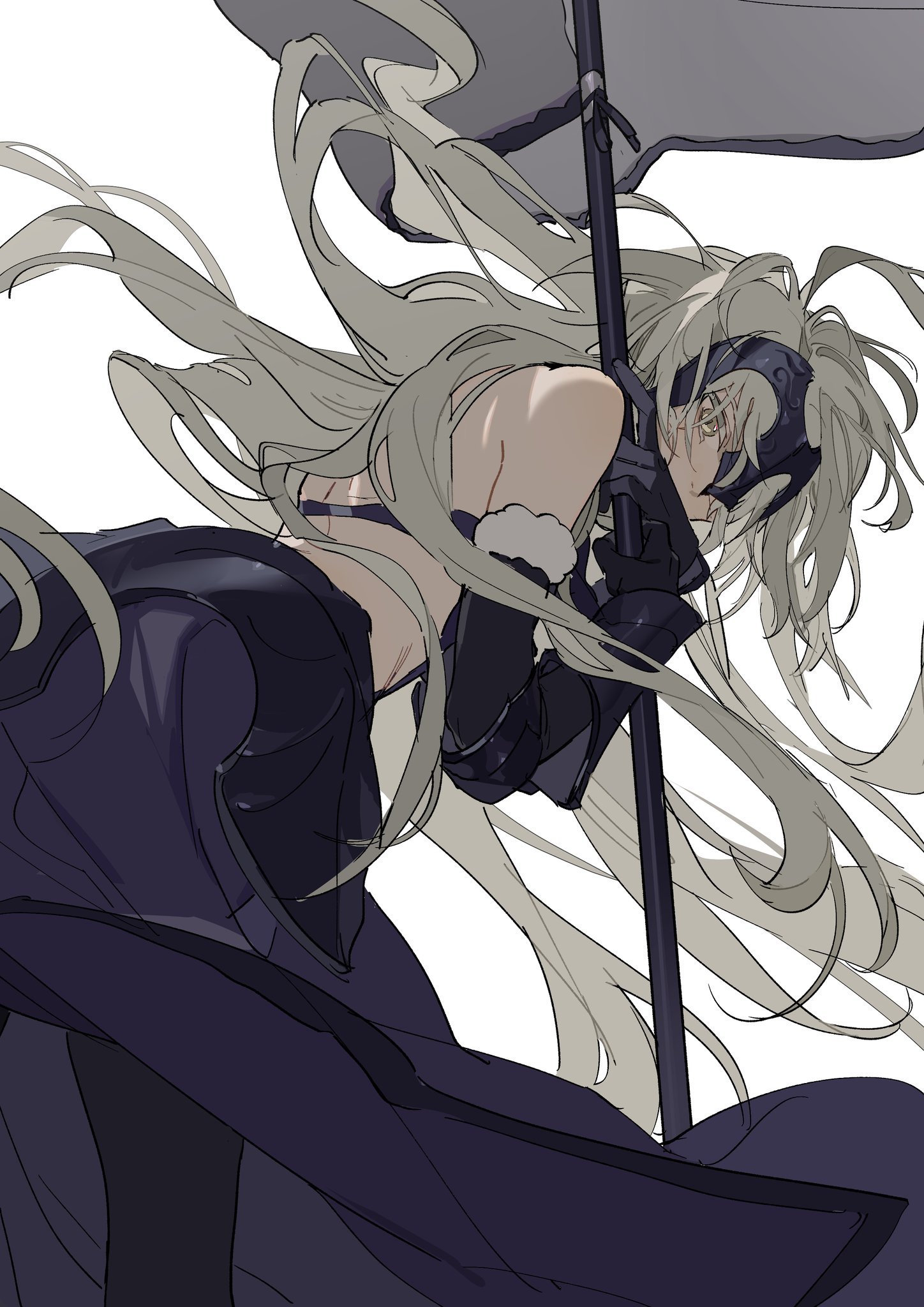 the image is a drawing of an anime girl, dressed as a warrior, with pale hair and wearing armor. she is holding a spear and wearing a helmet.