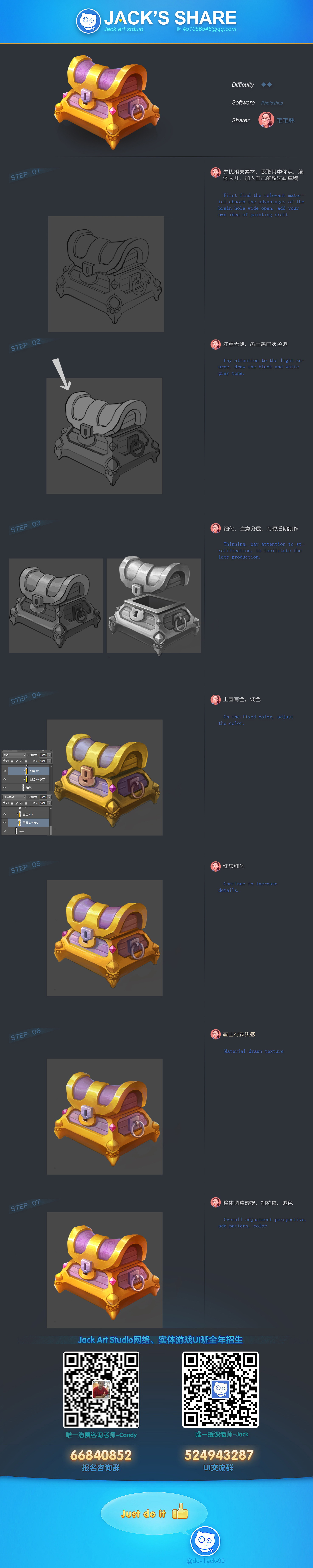 the image showcases the stepbystep process of creating a 3d treasure chest asset for a video game. it highlights the different stages, from initial sketching and grayscale modeling to applying textures, colors, and final rendering. the chest, adorned with gold and intricate details, exudes a sense of value and adventure. the image also includes qr codes, suggesting potential links to additional resources or the artist's portfolio.