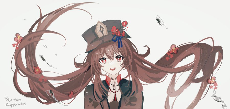 this is a digital illustration of an anime girl with long brown hair, red eyes, and a smile. she is wearing a hat with red flowers and a blue ribbon, and she has a white background. she is smiling, and her hair is flowing behind her.