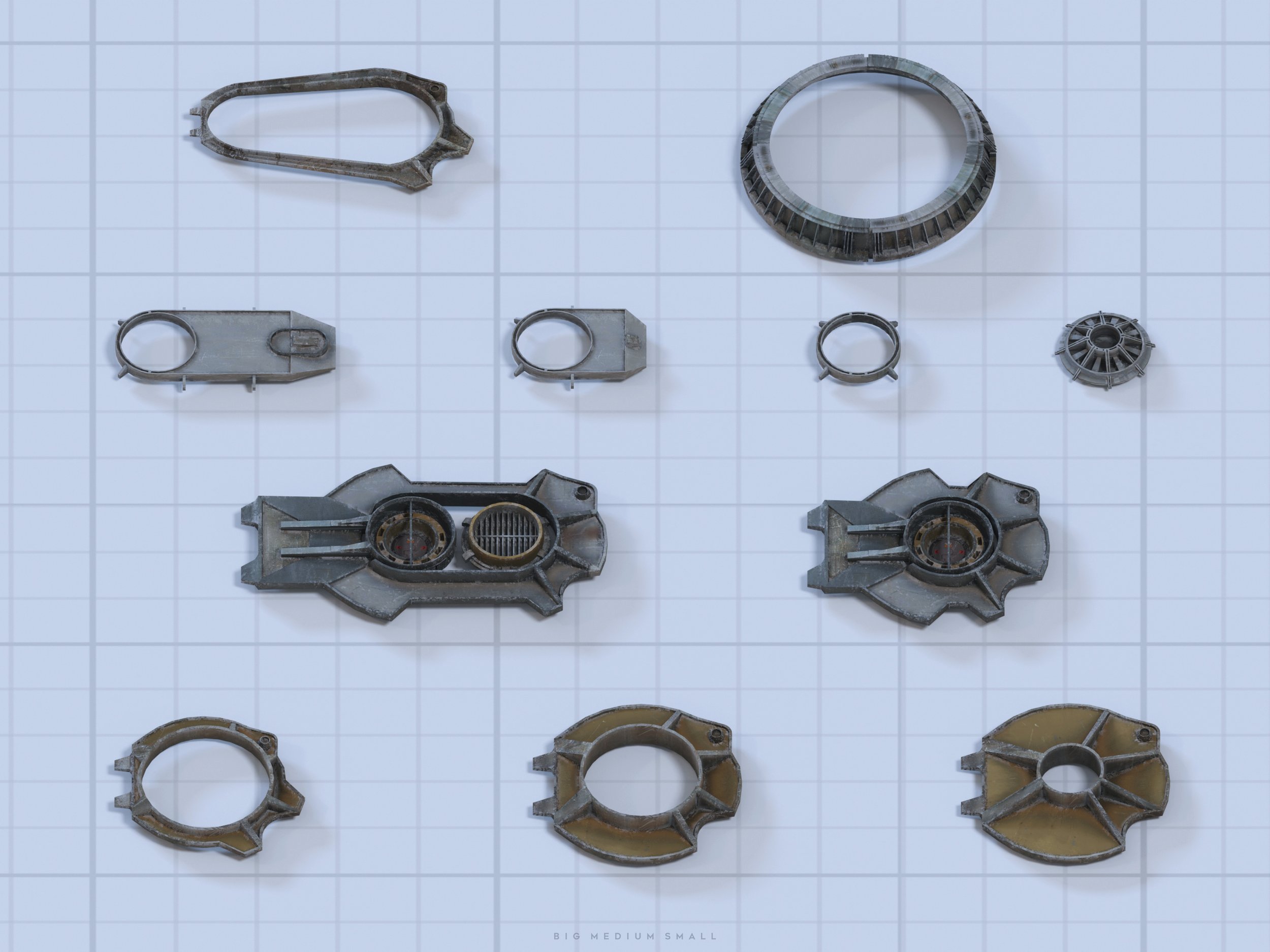 the image shows a collection of various metallic mechanical parts arranged on a grid background.  the parts are predominantly grey and feature a mix of circular, rectangular, and more complex shapes.  they appear to be 3drendered models, showcasing various sizes and design elements. the overall impression is that of components for some type of industrial machinery or equipment.  the image is clear and welllit.
